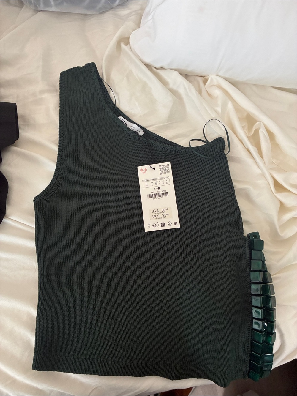 Zara Dark Green One-Shoulder Ribbed Knit Tank